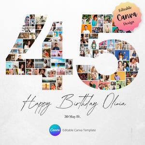 Plantilla de collage de fotos de Canva para regalo de 45 cumpleaños, regalo de último minuto, regalo para ella, fiesta de cumpleaños de la edad de oro, descarga digital instantánea