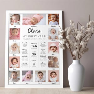 Panneau minimaliste pour jalon 1er anniversaire, affiche imprimable de la première année de bébé, tableau modifiable pour jalon 1er anniversaire, modèle de collage photo