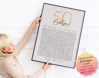 Affiche du 50e anniversaire des raisons pour lesquelles nous vous aimons : modèle modifiable sur toile (téléchargement numérique)