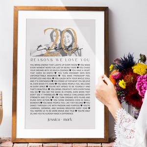 May include: A framed print with a wooden frame. The print features the word "twenty" in gold glitter, with a photo of two people above the text "Reasons We Love You". The text is in black font.