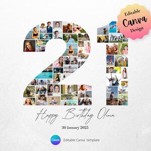 Plantilla de collage de fotos para regalar por el 21.° cumpleaños, mayoría de edad, regalo para el 21.° cumpleaños, fiesta de la nueva era, niñas y niños, descarga digital instantánea