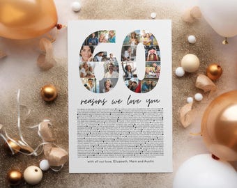 Può includere: Una stampa bianca con il numero 60 composto da foto, con le parole "reasons we love you" in scrittura nera. La stampa è circondata da palloncini ed elementi decorativi dorati e bianchi.