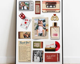 May include: A framed collage featuring various romantic mementos. Includes a retro camera, a cassette tape, a photo of a couple, a perfume bottle, a red vinyl record, and matchboxes with text. The color scheme is warm with red and beige accents.