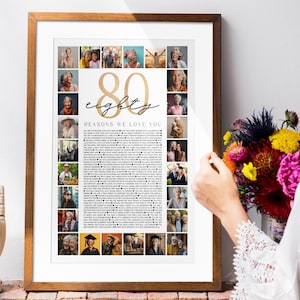 May include: A framed print with a wooden frame, featuring the number "80" in gold script, the word "eighty", and the text "Reasons We Love You". The print includes a collage of photos and text.