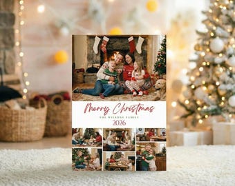 May include: A Christmas card featuring a family portrait with the text "Merry Christmas 2026." The card includes a main photo of a family by a fireplace and several smaller photos below. A Christmas tree and decorations are in the background.