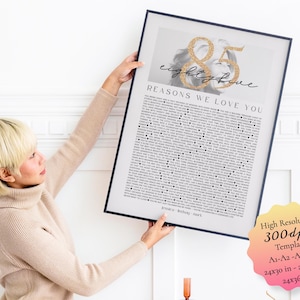 85e verjaardagscadeau 85 redenen waarom we van je houden canvassjabloon, 85 dingen die we leuk vinden aan jou, cadeaus voor haar/hem, bord voor 85e verjaardagsfeestje Bestie