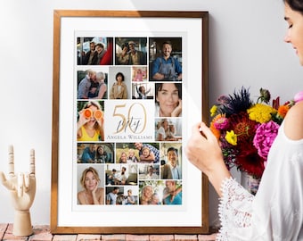 May include: A framed photo collage with a wooden frame. The collage features multiple photos of people, with the number "50" and the name "Angela Williams" in the center. A woman holds a bouquet of colorful flowers.