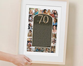 May include: Framed print with a light wood frame. The print features a collage of photos surrounding a central panel with the number "70" and the text "Reasons We Love You". The background is a neutral color.