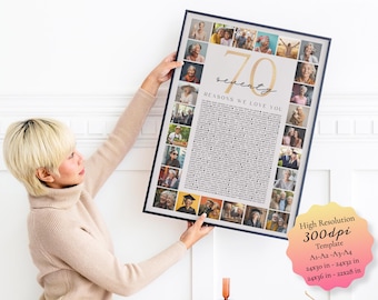 Może przedstawiać: Oprawiony wydruk z kolażem zdjęć i tekstu. Wydruk zawiera złoty numer "70", słowa "seventy" i "REASONS WE LOVE YOU". Wydruk otoczony jest czarną ramą. Osoba trzyma wydruk.