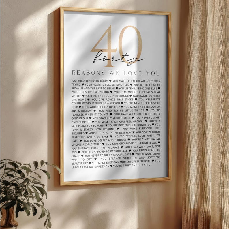 40 Reasons We Love You Birthday and Anniversary Minimalist Poster: 40 Years Keepsake Gift for Couples Parents (Digital Download)