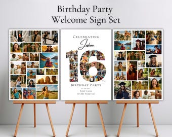 May include: A set of three welcome signs for a birthday party. The signs are displayed on wooden easels. The signs feature a collage of photos and text that reads "Birthday Party Welcome Sign Set" and "Celebrating Joshua". The center sign has a large "16".