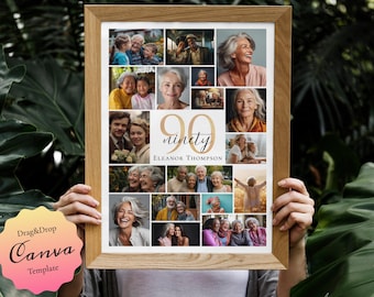 90. Geburtstag Foto-Collage-Poster: Bearbeitbare Canva-Vorlage (Digitaler Download)