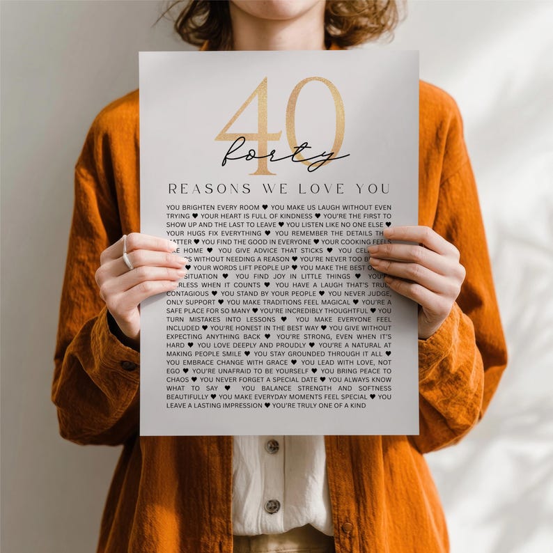 40 Reasons We Love You Birthday and Anniversary Minimalist Poster: 40 Years Keepsake Gift for Couples Parents (Digital Download)