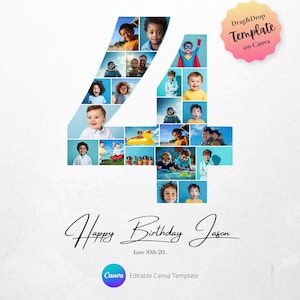 Plantilla de collage de fotos para 4.º cumpleaños, cartel de hito fotográfico para 4.º cumpleaños, número 4, plantilla de póster fotográfico editable para 4.º cumpleaños, Canva