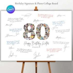 May include: A white photo collage board with the number "80" in the center, filled with photos. The words "Happy Birthday Walter" are below the number, with the date "30 September 20." The board is surrounded by signatures and text.