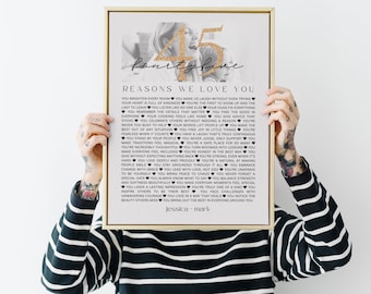 May include: A framed print with a gold border, featuring the words "45" in gold glitter and the phrase "Reasons We Love You." The text is in black, with a list of reasons. The names "Jessica - Mark" are at the bottom.