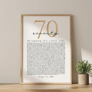 May include: A framed print with the number 70 in gold and the word "seventy" in script. The print lists "70 Reasons We Love You" in a black font. A small potted plant is in the lower right corner.