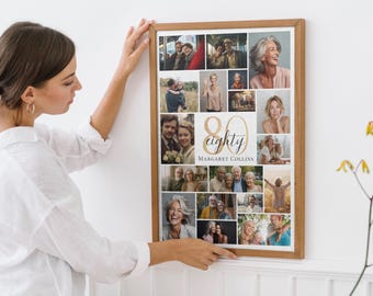 May include: A framed photo collage with a wooden frame. The collage features multiple photos of people, with the number "80" and the name "Margaret Collins" in the center. The frame is being held by a person.