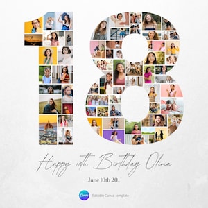 18th Birthday Photo Collage Canva Template, Gift for 18th, Number 18 Printable, Teenage Gift for Her, Anniversary Birthday Gift idea