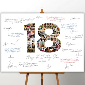 May include: A personalized 18th birthday photo collage on a white canvas. The number 18 is filled with photos. Handwritten messages and signatures surround the number. The canvas is displayed on a wooden easel.