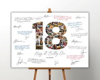May include: A personalized 18th birthday photo collage on a white canvas. The number 18 is filled with photos. Handwritten messages and signatures surround the number. The canvas is displayed on a wooden easel.
