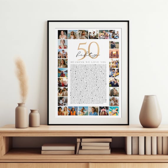 50 Reasons We Love You Poster, 50th Birthday Photo Collage Gift, Editable Canva Template Digital Download