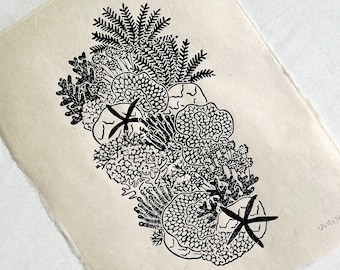 Coral reef - linocut print, art print, linocut