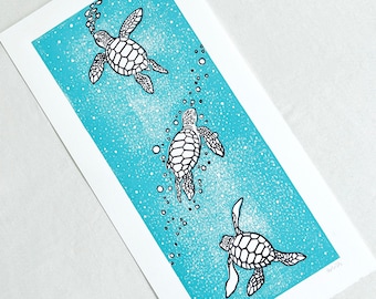 Adventure of baby turtle - Linocut print, art print, linocut