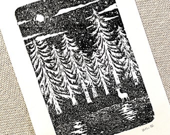 Night Walk of the Moon and Reindeer - Linocut, Art Print, Linocut
