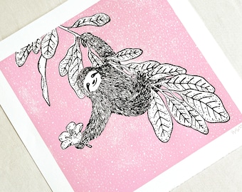 Happy sloth - linocut, art print, linocut