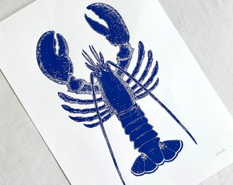 Blue lobster - linocut, art print, linocut