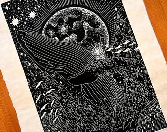 Dreams come true - linocut, art print, linocut