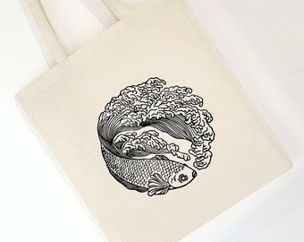 Wave tail fish tote bag - linocut, art print, linoleocut