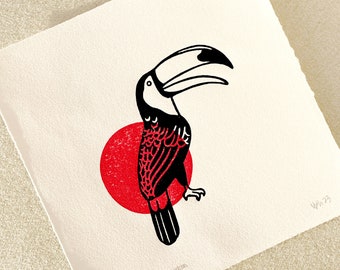 Toco toucan and the Sun - Linocut, art print, linocut