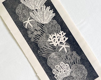 Coral reef at night - linocut print, art print, linocut