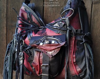 Gothic Leather Hobo Bag, Black Burgundy Fringe Corset Lace Skull Purse