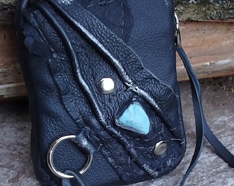 Gothic Leather Coin Purse Leather Money Pouch Handmade Zip Wallet Gothic Accessory Gray and Black