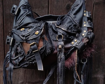 Post Apocalyptic Leather Hobo Bag: Dystopian Mutant Survivor Purse with Glass Eyes, Skull Detail Tyre Insert