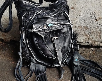 Gothic Leather Hobo Bag with Fringe and Blue Magnesite | Victorian Alternative Accessory