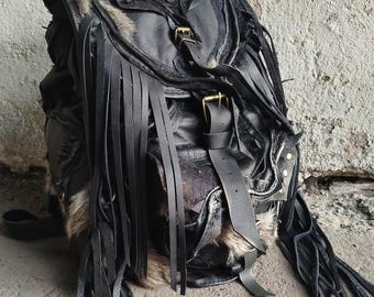 Handmade Gothic Leather Backpack – Skull, Dalmatian Jasper, Tribal LARP Rucksack