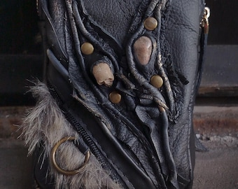 Gothic Leather Phone Pouch with Skull and Crystal, Tribal iPhone Sleeve Creepy Leather Phone Case Horror Handmade Dark Luxury