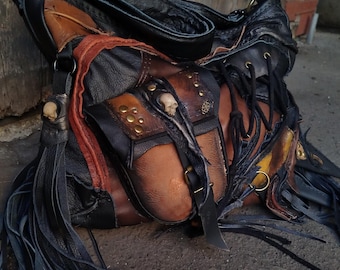 Post-Apocalyptic Leather Hobo Bag: Dystopian Survivor Crossbody Purse – Distressed Black Brown