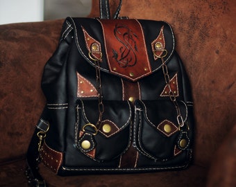 Hadmade Embossing, Hand-Embossed Pattern, Leather Backpack, Medieval, Larp, Black And Brown Medium Backpack
