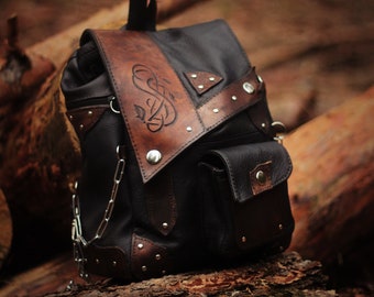 Brown & black backpack with chains, rivets, studs, ornamental, hand-made embossing, metal medieval rock steampunk