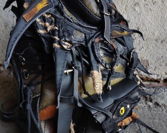 Post Apocalyptic Leather Backpack – Skull, Glass Eye, Dystopian Nomad Rucksack, Survival Pack