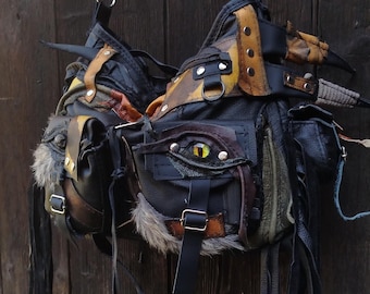 Post-Apocalyptic Leather Hobo Bag, Amber Brown Distressed, Glass Eyeball Skull Detail, Fringe, Wasteland Style