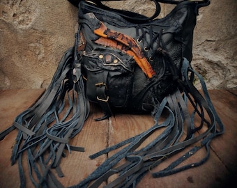 Oriental Gothic Leather Bag Black Orange Hobo Purse Dark Boho Handbag Tribal Fringe Crossbody Bag