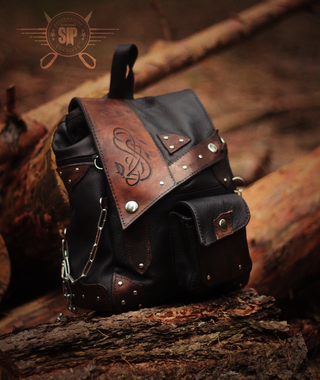 Brown & Black Backpack With Chains, Rivets, Studs, Ornamental, Hand