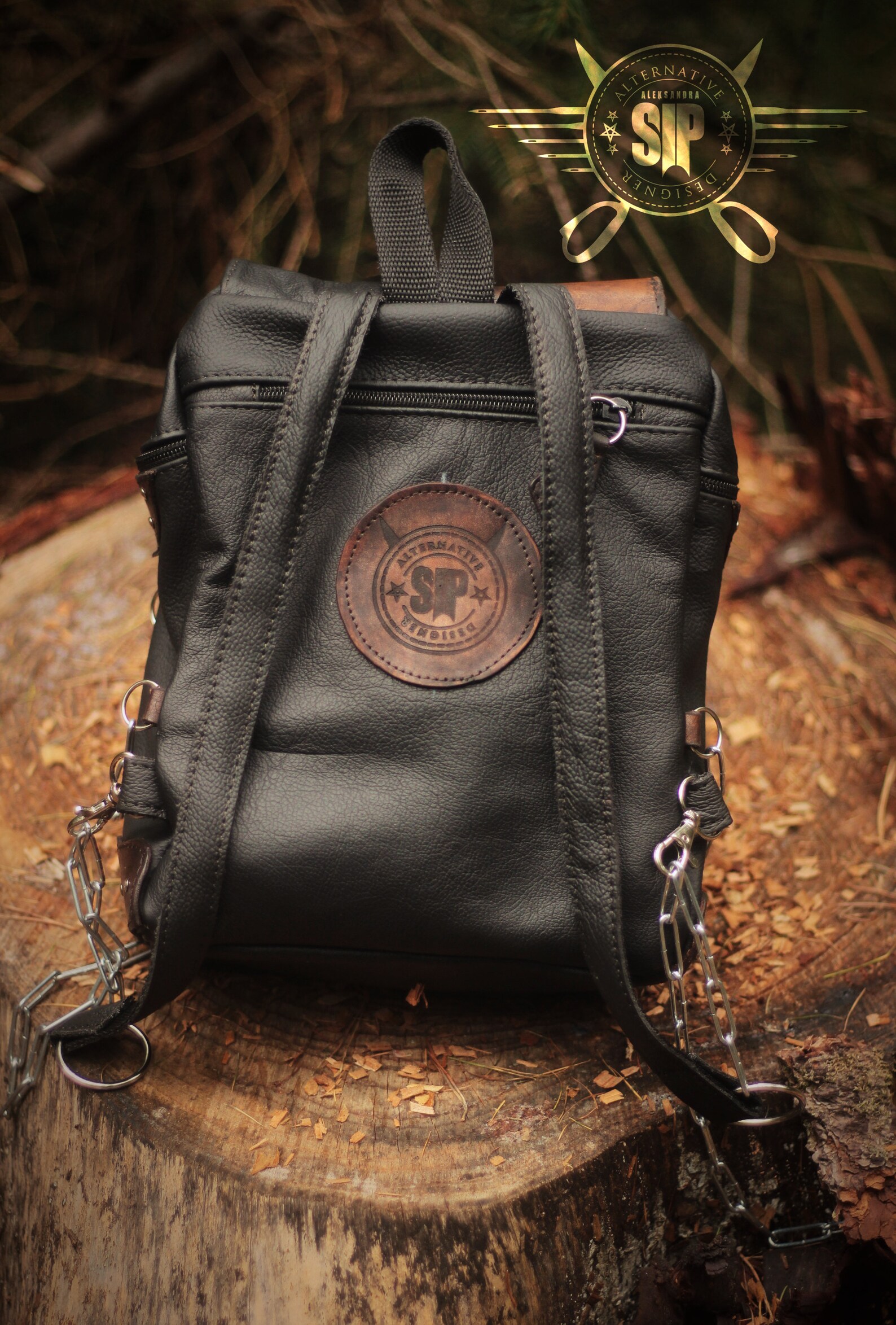 Brown & Black Backpack With Chains Rivets Studs Ornamental Etsy