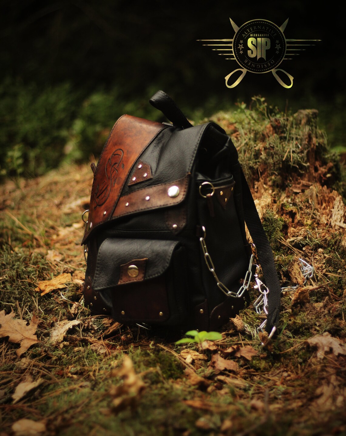 Brown & Black Backpack With Chains Rivets Studs Ornamental Etsy